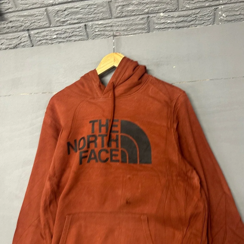 The North Face Mens Burnt Orange Logo Pullover Hoodie Size Large Distressed Hole